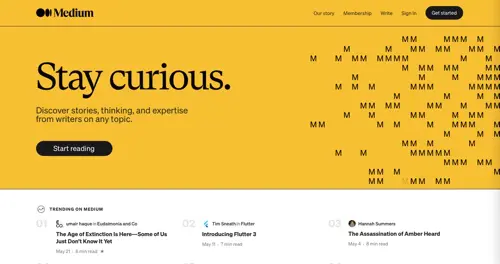 لقطة شاشة للصفحة الرئيسية المتوسطة Screenshot of Medium home page