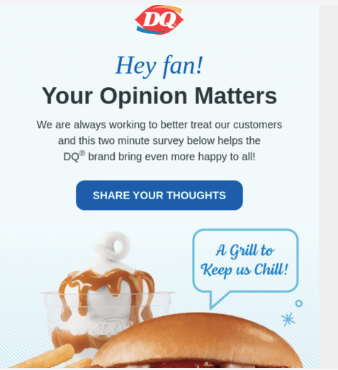 E-Mail-Umfrage von Dairy Queen, in der nach Meinungen zu ihrem Geschäft gefragt wird
