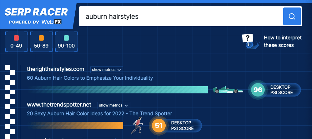 Resultados de ejecutar un sitio web a través de SERP Racer