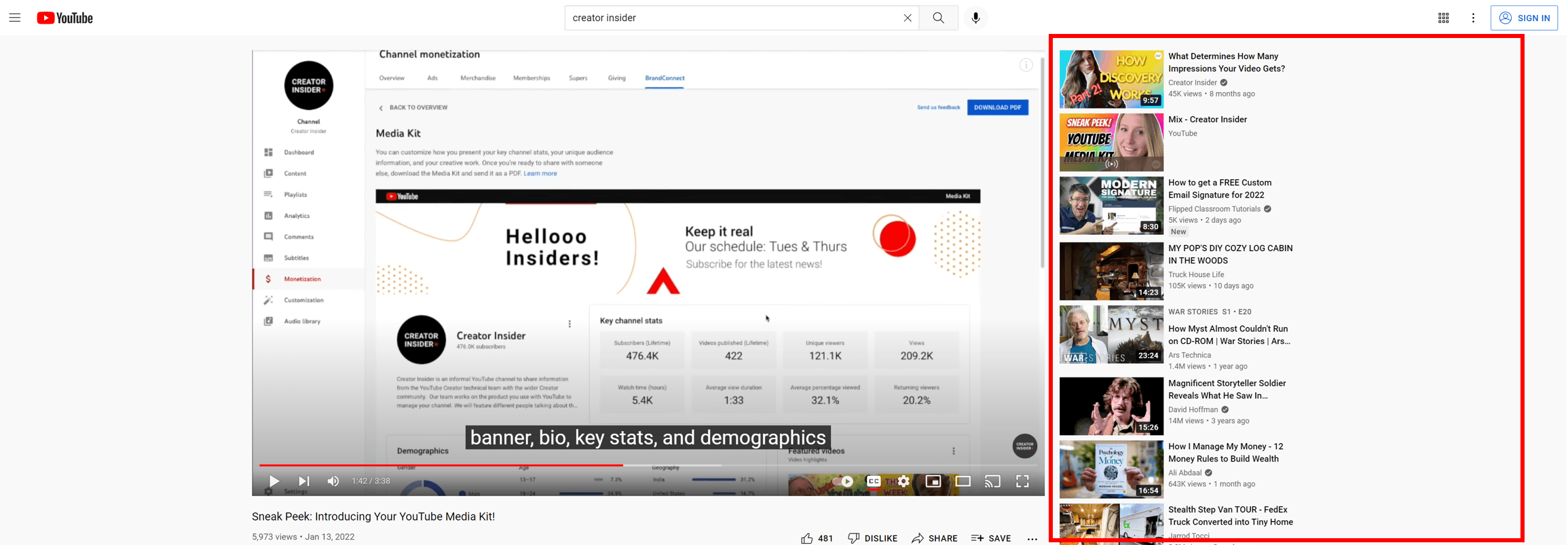 مقاطع فيديو مقترحة بجانب مقطع فيديو رئيسي على YouTube