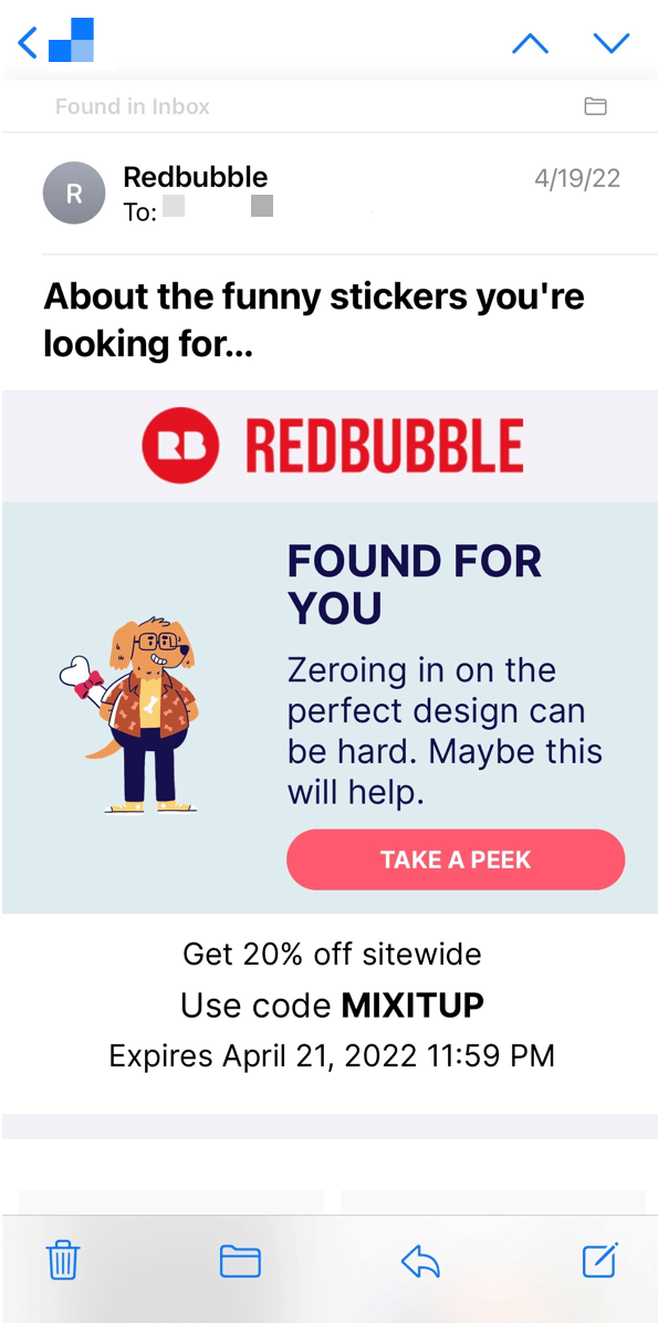 Um e-mail personalizado do Redbubble