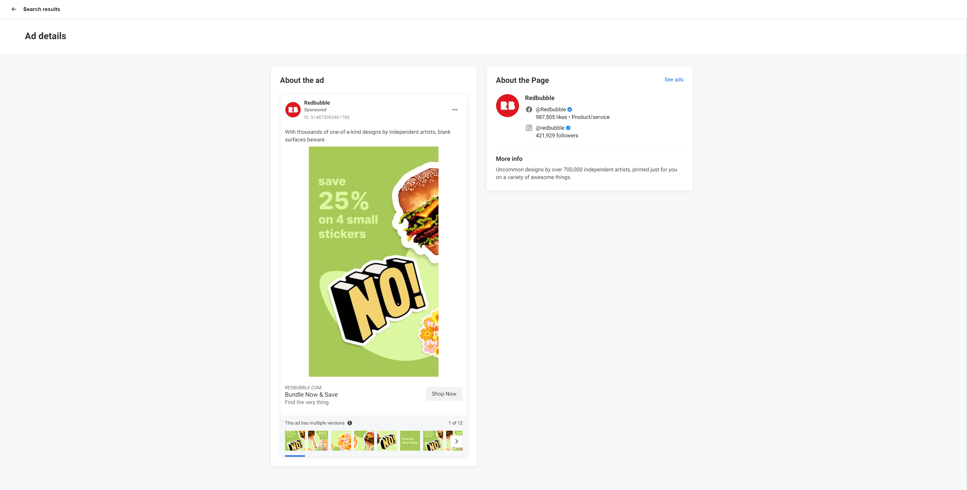 Um anúncio do Facebook da Redbubble