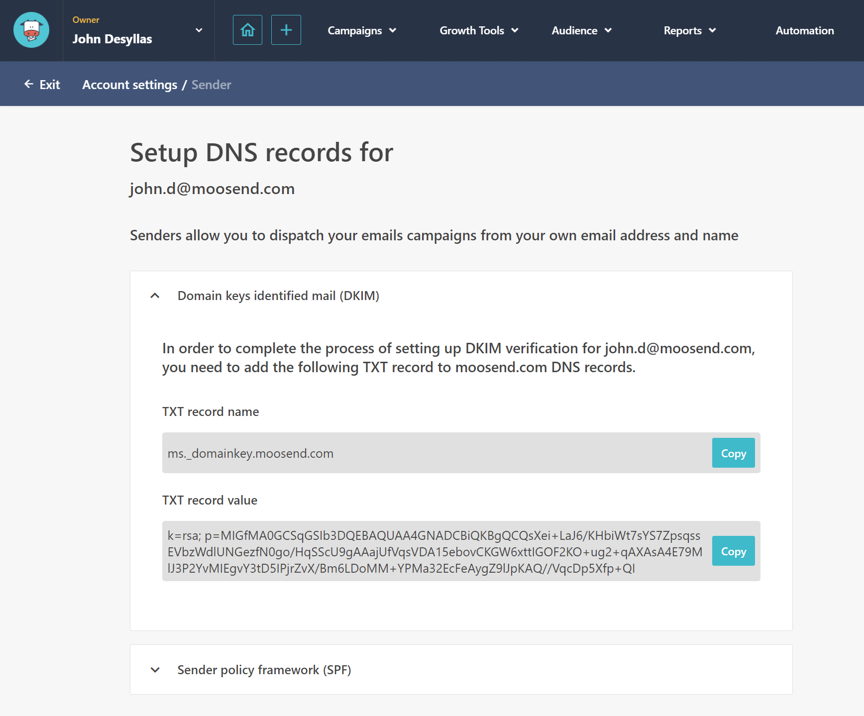 Autenticación de correo electrónico Moosend Moosend email authentication