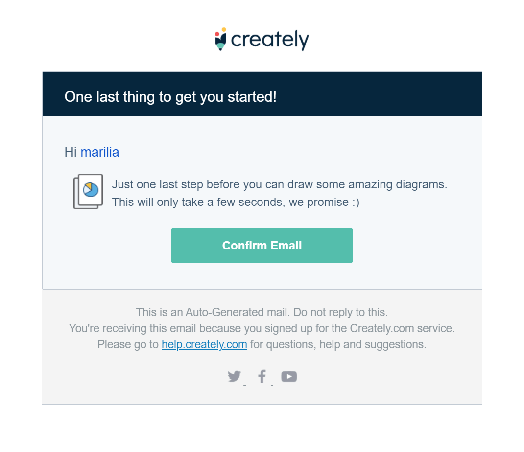 E-mail de confirmação do Creately double opt-in confirmation email