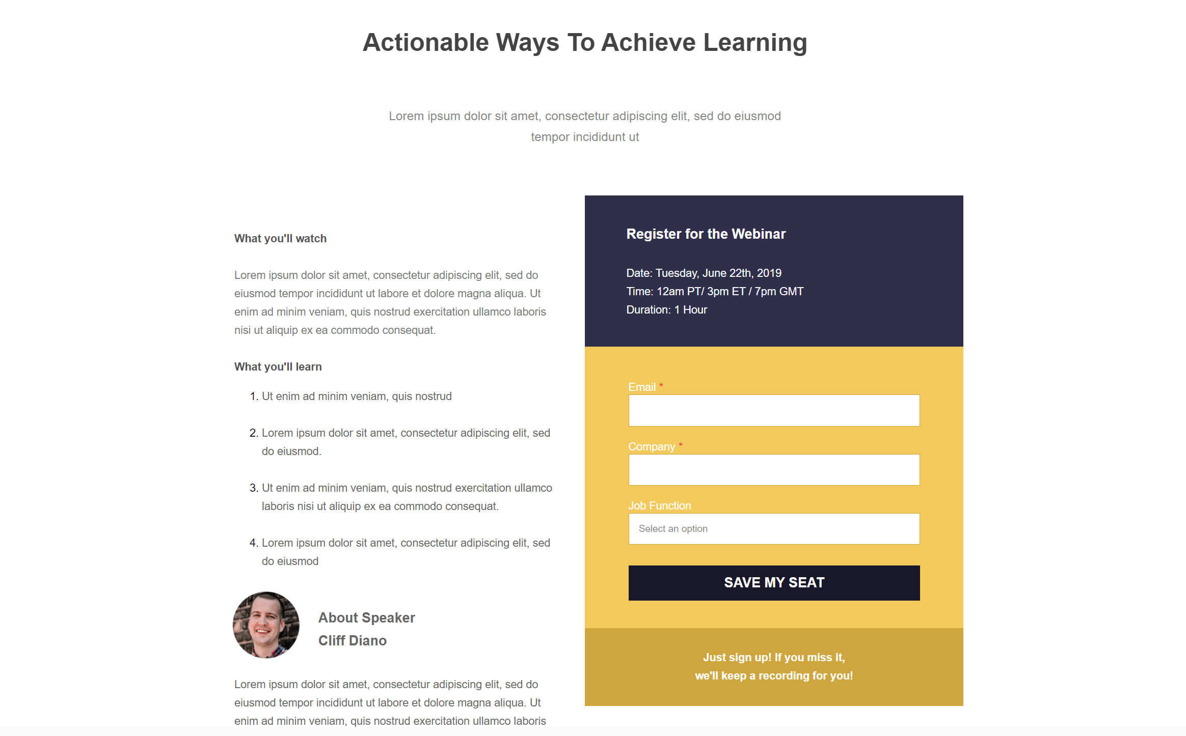Przykład żółtej strony docelowej white space landing page layout