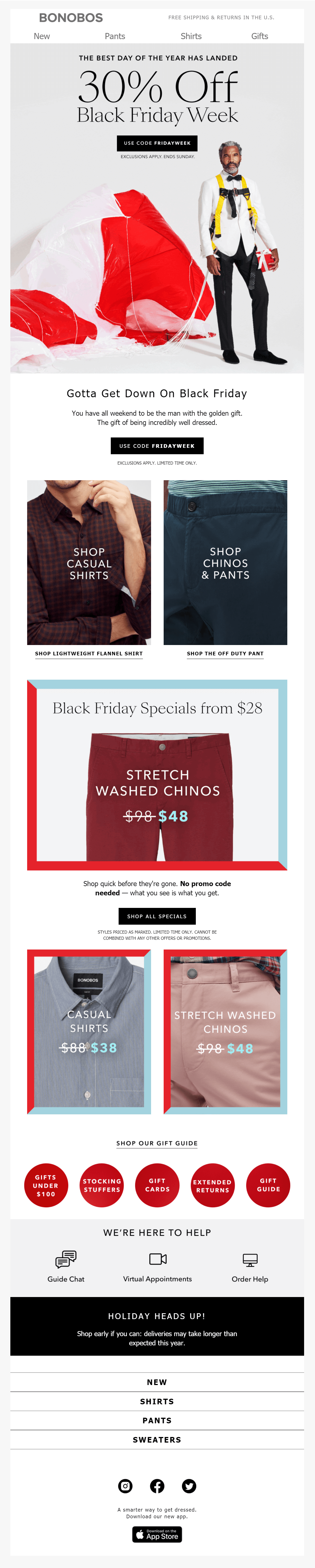 Przykład ofert Bonobos Black Friday bonobos email campaign for Black Friday
