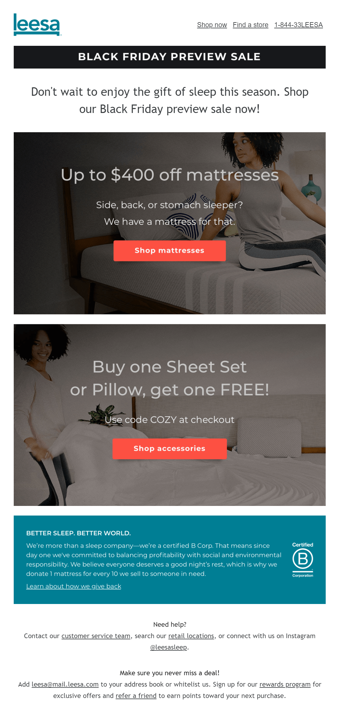 Leesa przed e-mailem sprzedażowym przed Czarnym Piątkiem black friday email examples