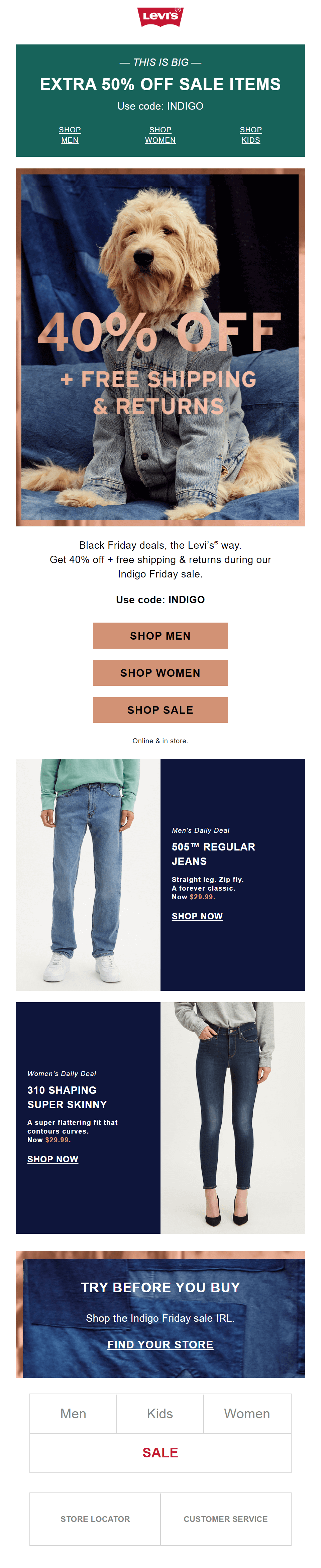 Kampania e-mailowa Levi's dotycząca wyprzedaży po Czarnym Piątku levi's post black friday email