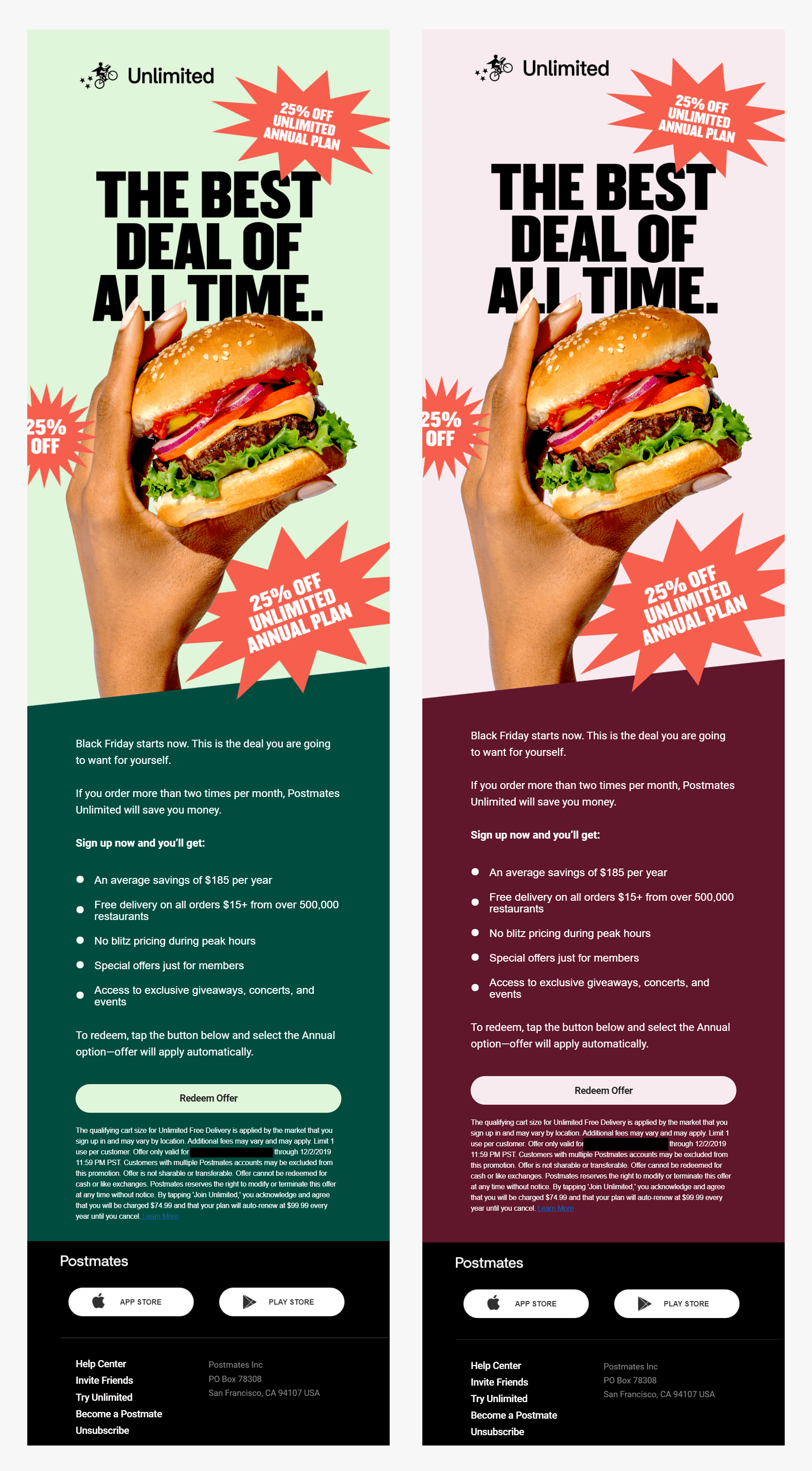 Postmates E-Mail-Kampagnen für den Black Friday postmates email campaign for holiday sales