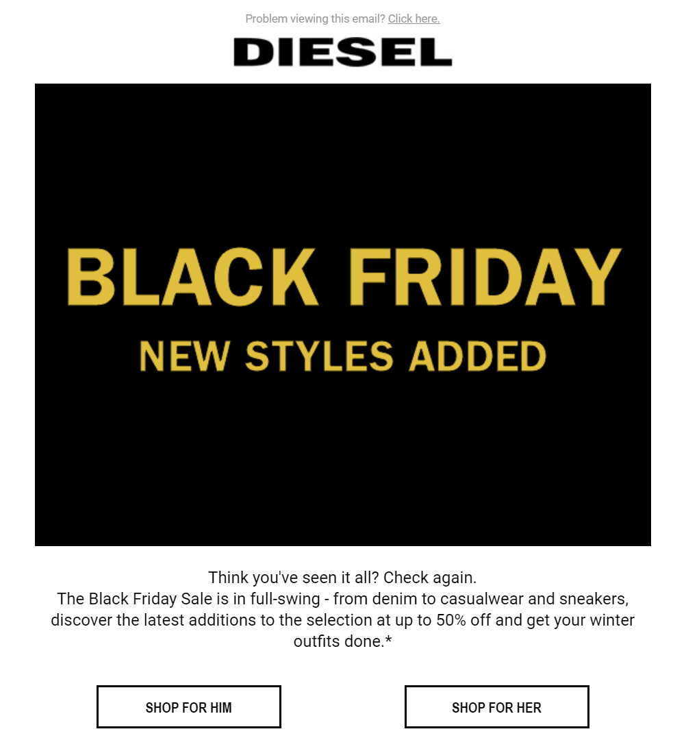 Diesel Black Friday-E-Mail-Beispiel black friday email campaign by diesel