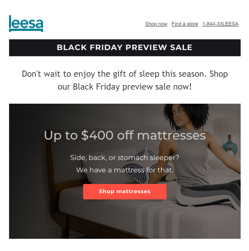 Leesa E-Mail-Kampagne vor dem Black Friday black friday email marketing