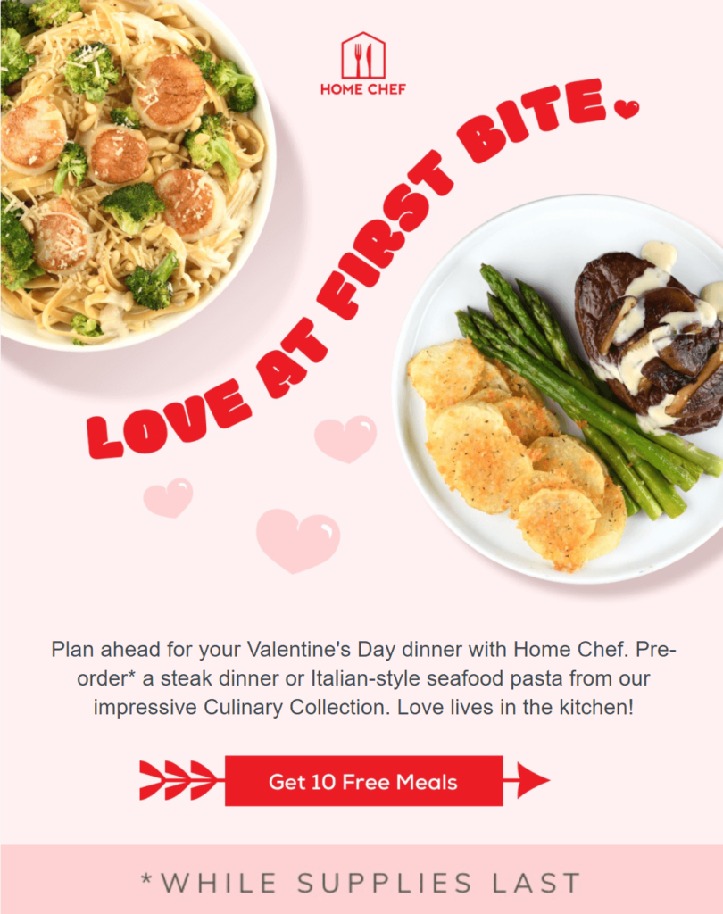 來自 HomeChef 的情人節電子郵件示例 HomeChef valentines day campaign example
