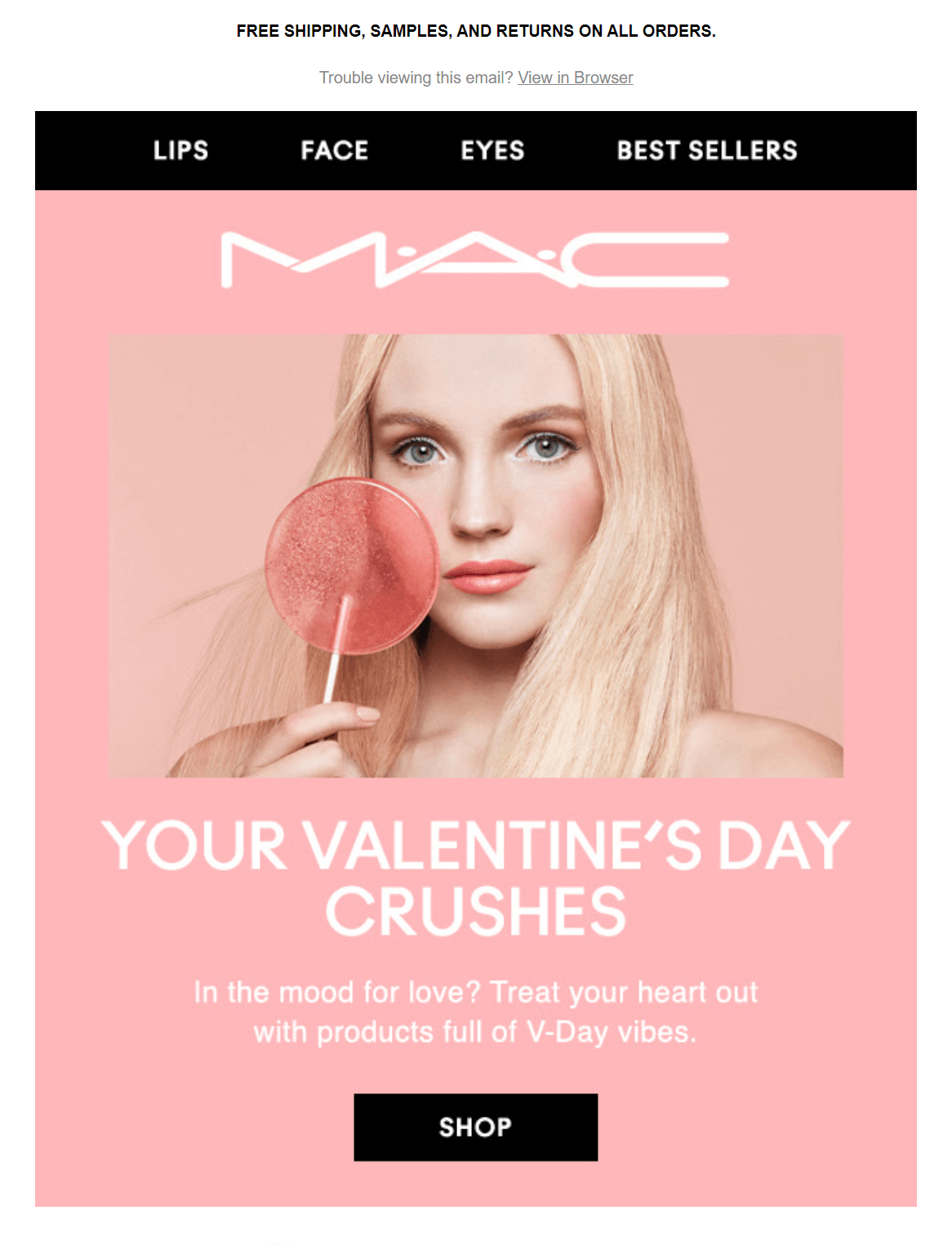 來自 MAC 的 V-day 電子郵件示例 MAC Cosmetics v-day email example