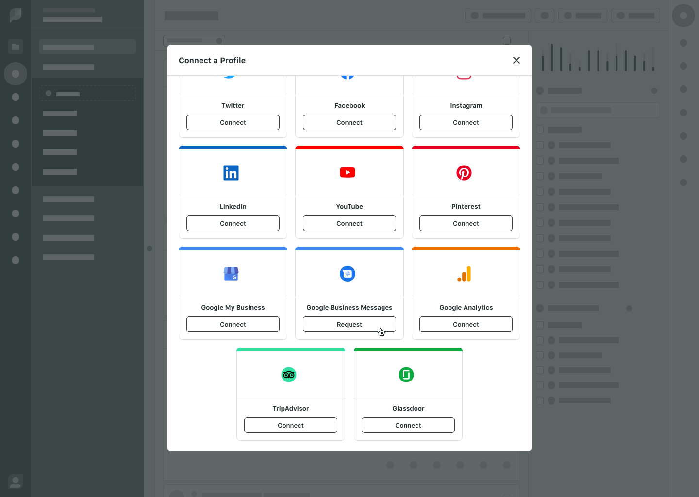 Zrzut ekranu przedstawiający wiadomość Google Business jako opcję integracji w Sprout.