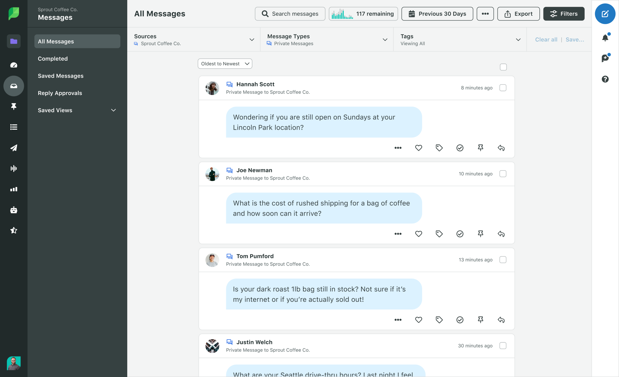 Filtruj, aby wyświetlić wiadomości biznesowe Google w Sprout Social.