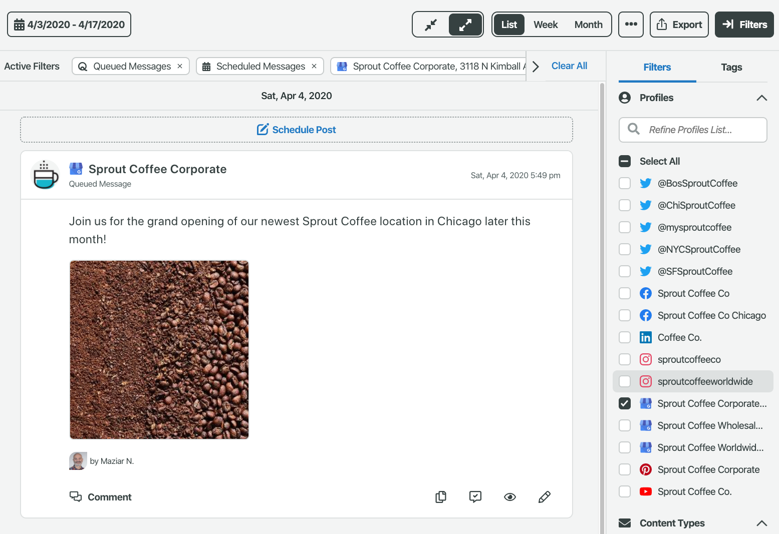 Zrzut ekranu aktualizacji wiadomości biznesowej Google zaplanowanej w kolejce w Sprout.