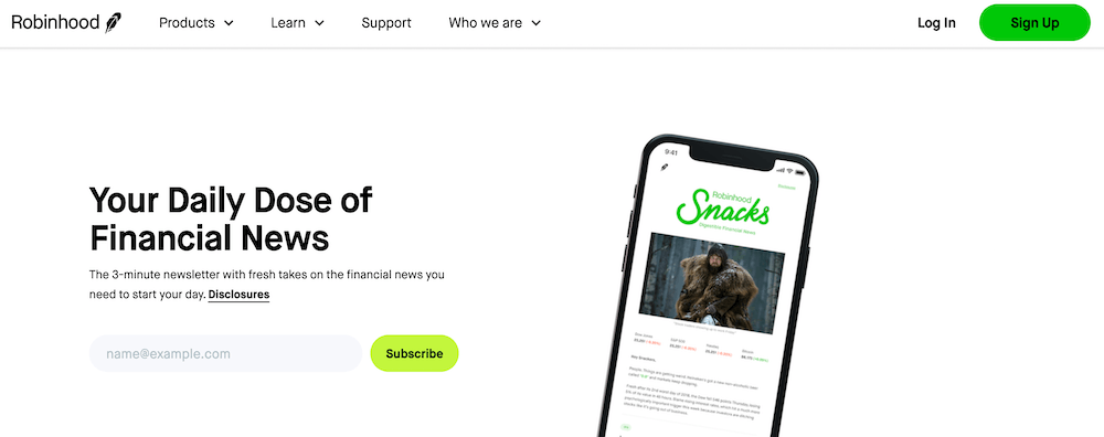 Robinhood Bülteni - Robinhood Snacks, popüler ticaret platformu Robinhood'un bir iş bültenidir. Robinhood Newsletter - Robinhood Snacks is a business newsletter by the popular trading platform, Robinhood.