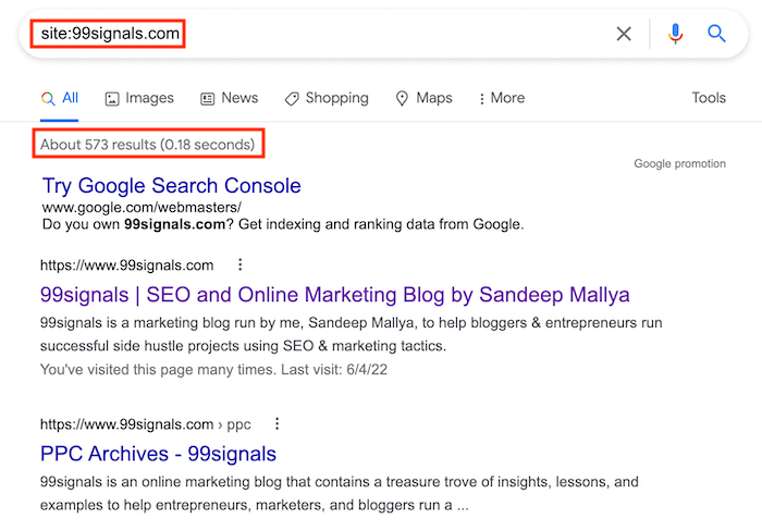 مشغل بحث الموقع - الصفحات المفهرسة