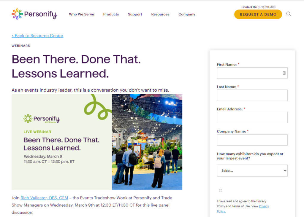 Captură de ecran a paginii webinarului Personify