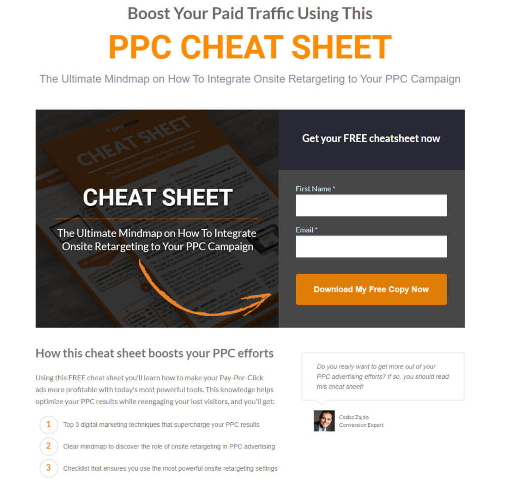 Optimonk PPC Cheat Sheet Page Captură de ecran