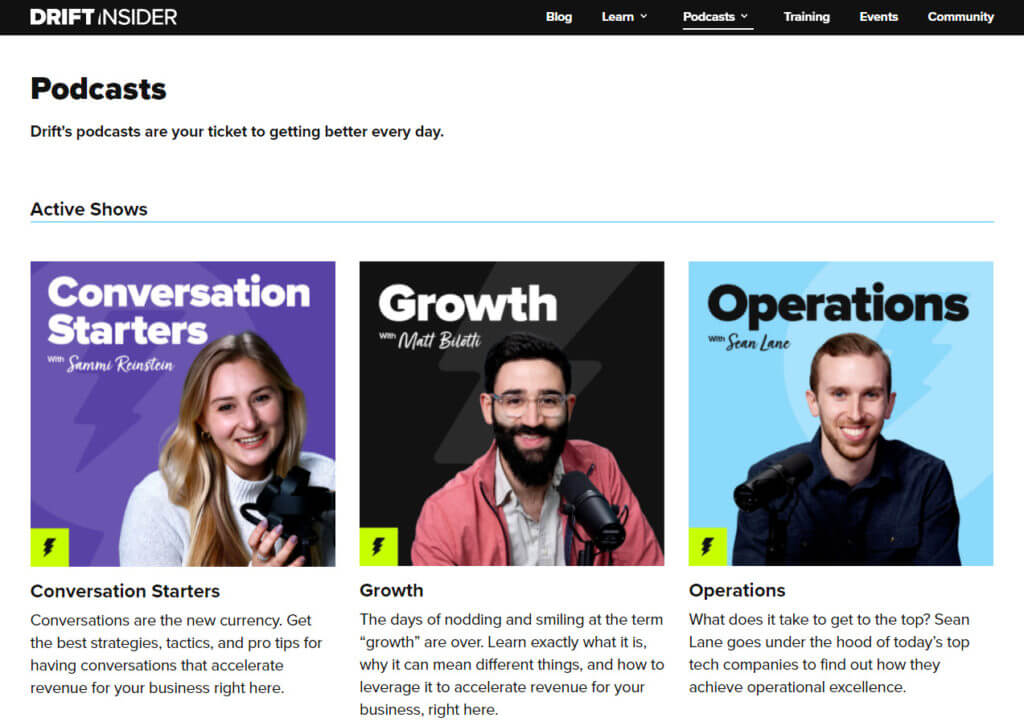 Captură de ecran a paginii de podcasturi Drift Insider