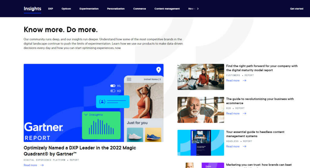 Captură de ecran a paginii Optimizely Insights
