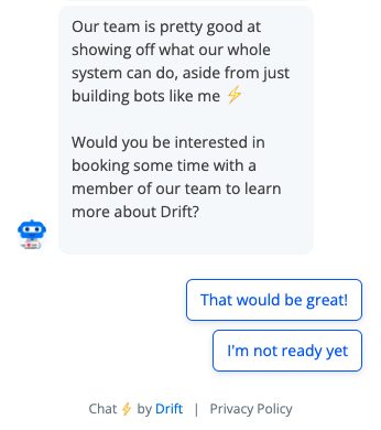 Captură de ecran a Drift Chatbot îndrumând vizitatorii spre rezervarea unei demonstrații