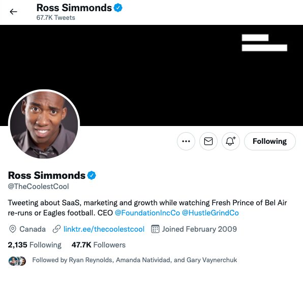 Captură de ecran a profilului Twitter al lui Ross Simmonds