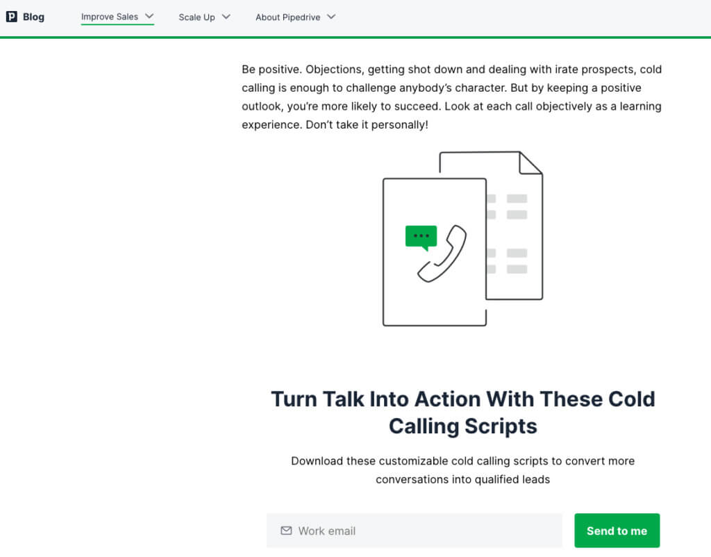 Captură de ecran a blogului șablonului de script de apelare la rece pipedrive