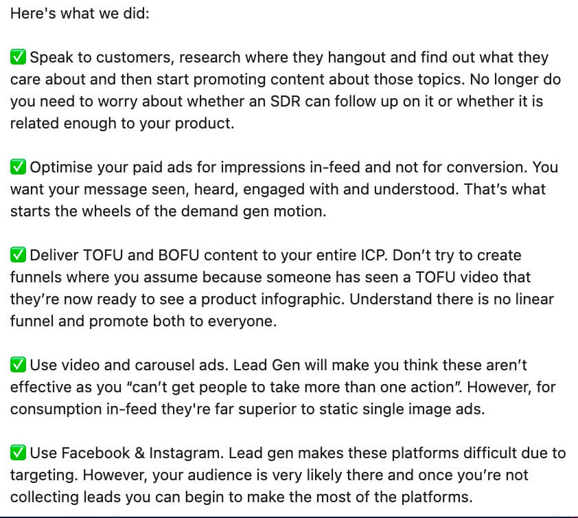 Captura de tela da estratégia de mídia paga compartilhada por Liam Bartholomew