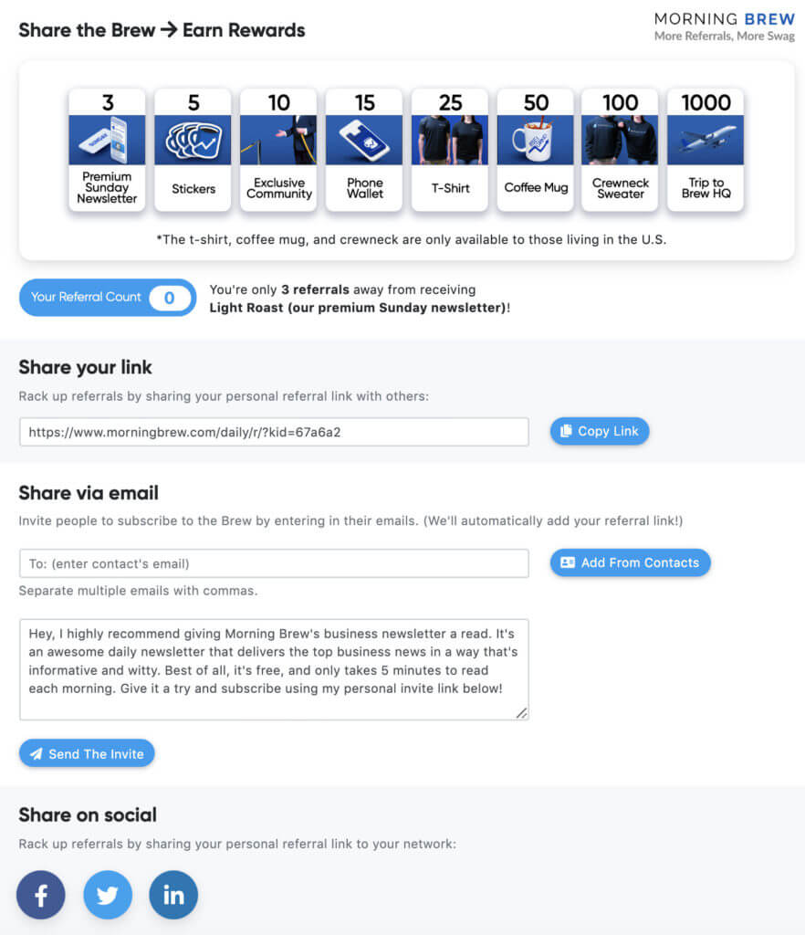 Captura de tela de maneiras de compartilhar o link de referência sobre o programa de referência Morning Brew