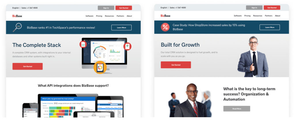Screenshot della home page di Bizbase