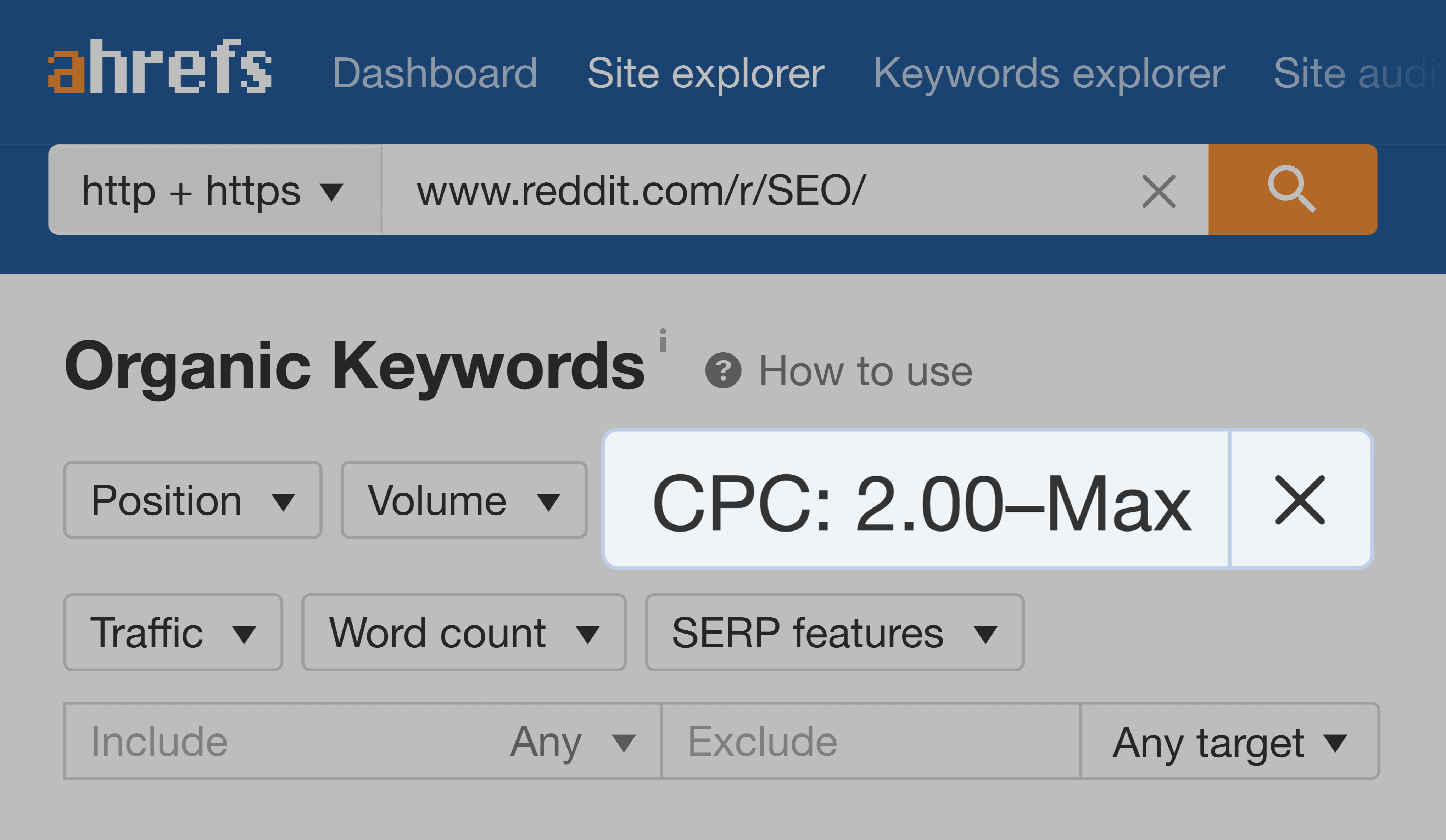 Ahrefs – palavras-chave orgânicas – filtro CPC Ahrefs – Organic keywords – CPC filter