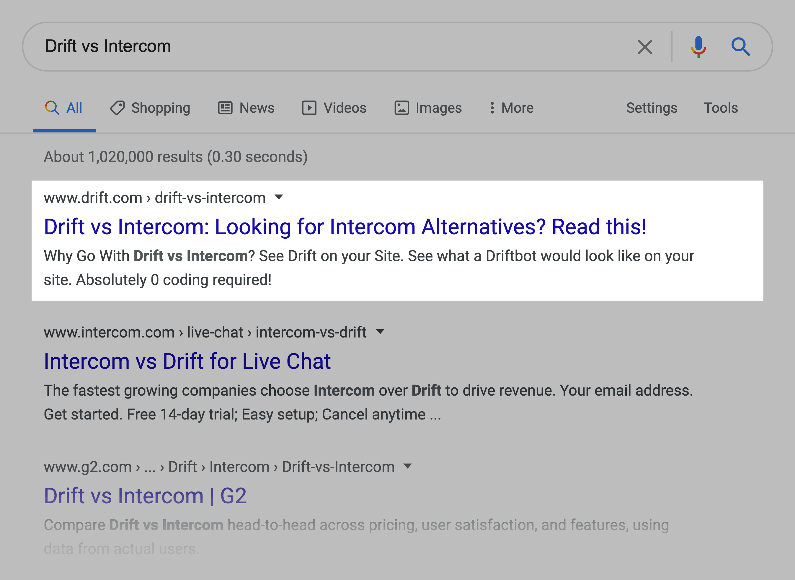 Drift vs Intercom – SERPs Drift vs Intercom – SERPs
