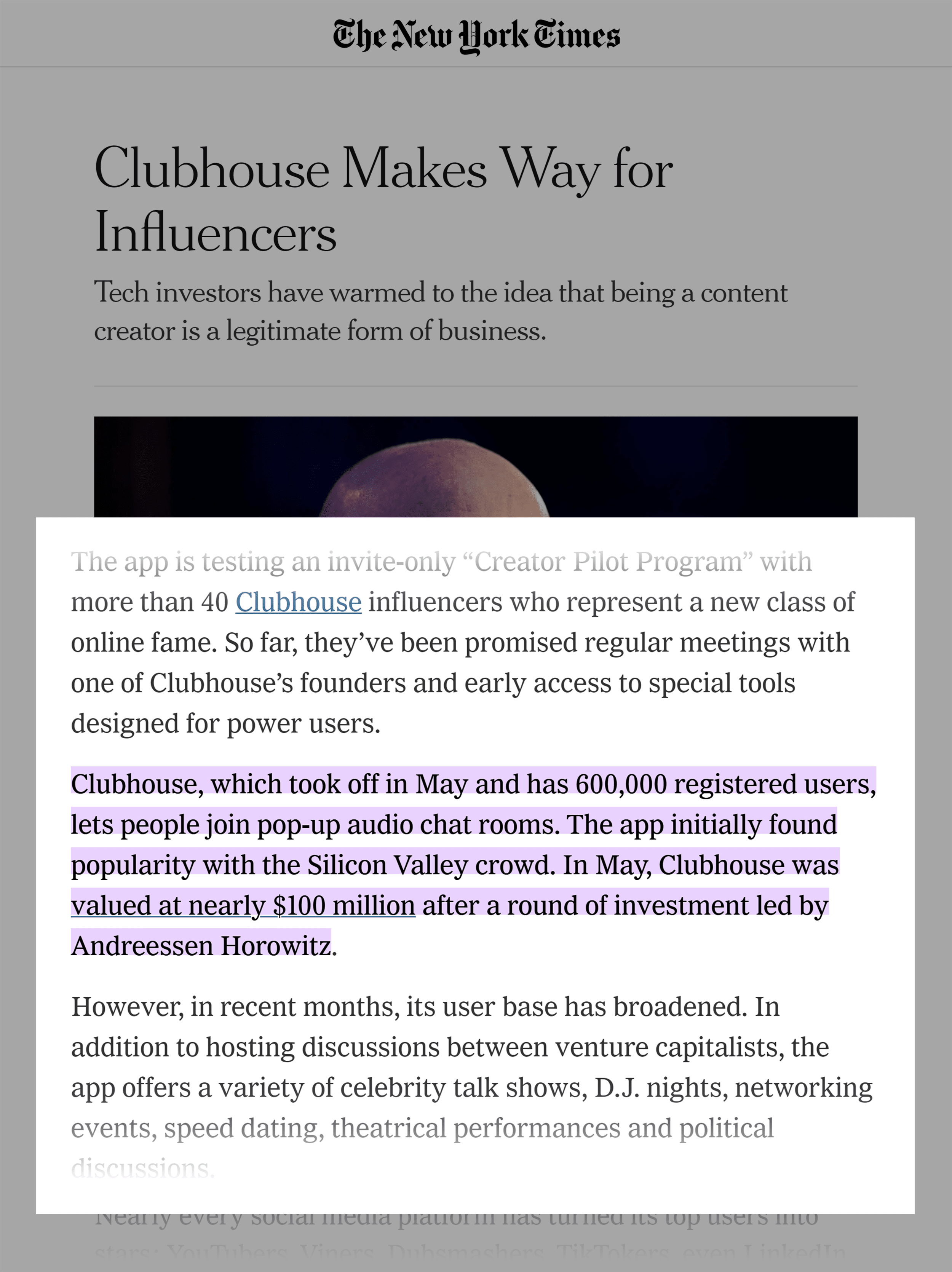 The New York Times – Kulüp binası makalesi The New York Times – Clubhouse article