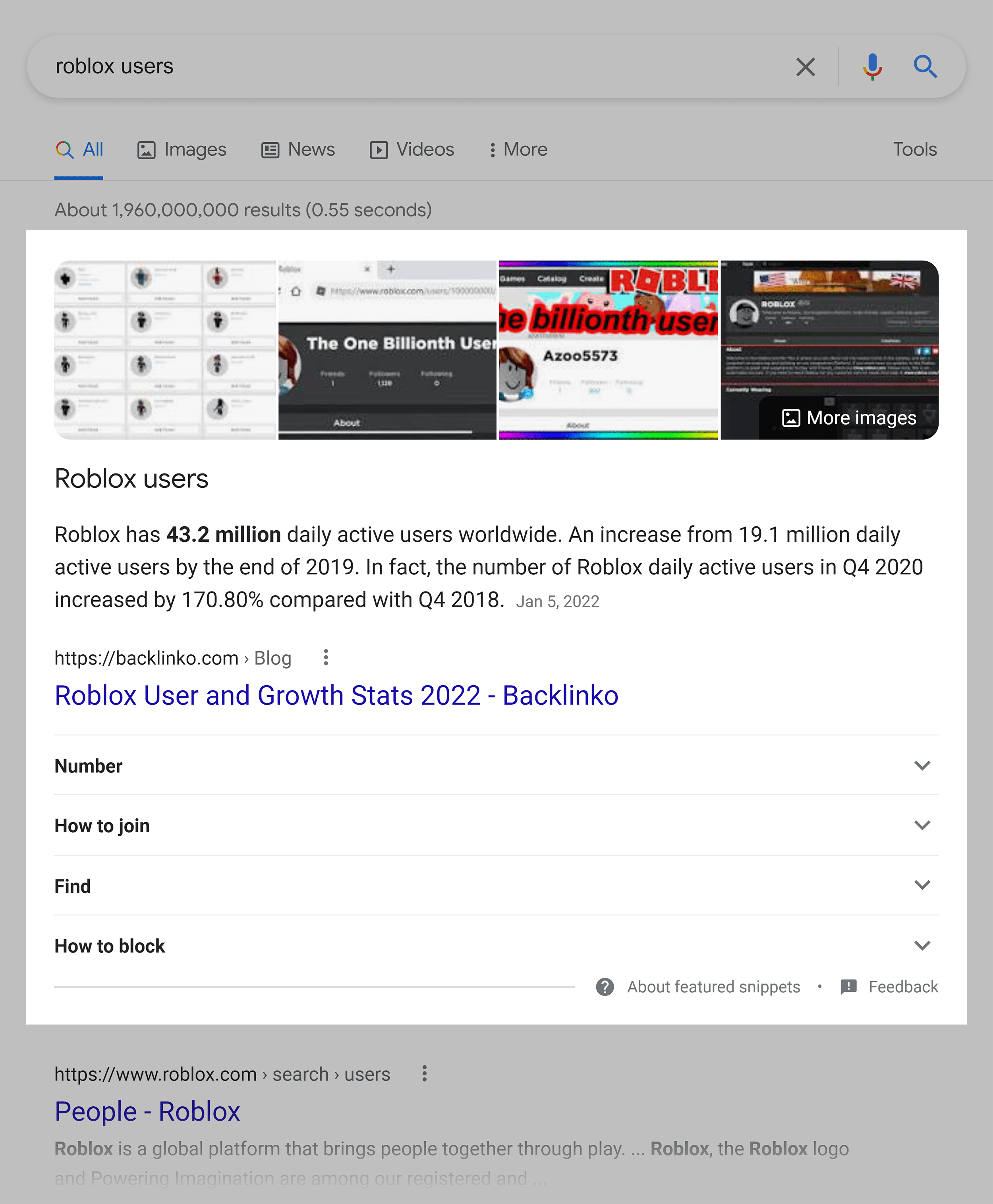 Google SERP – Roblox kullanıcıları – Backlinko snippet'i Google SERP – Roblox users – Backlinko snippet