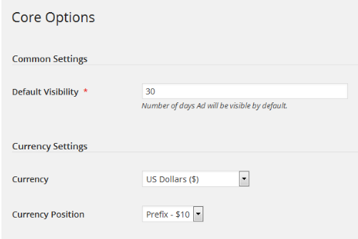 WPAdvert core options