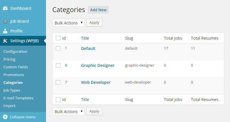 WPJobBoard categories