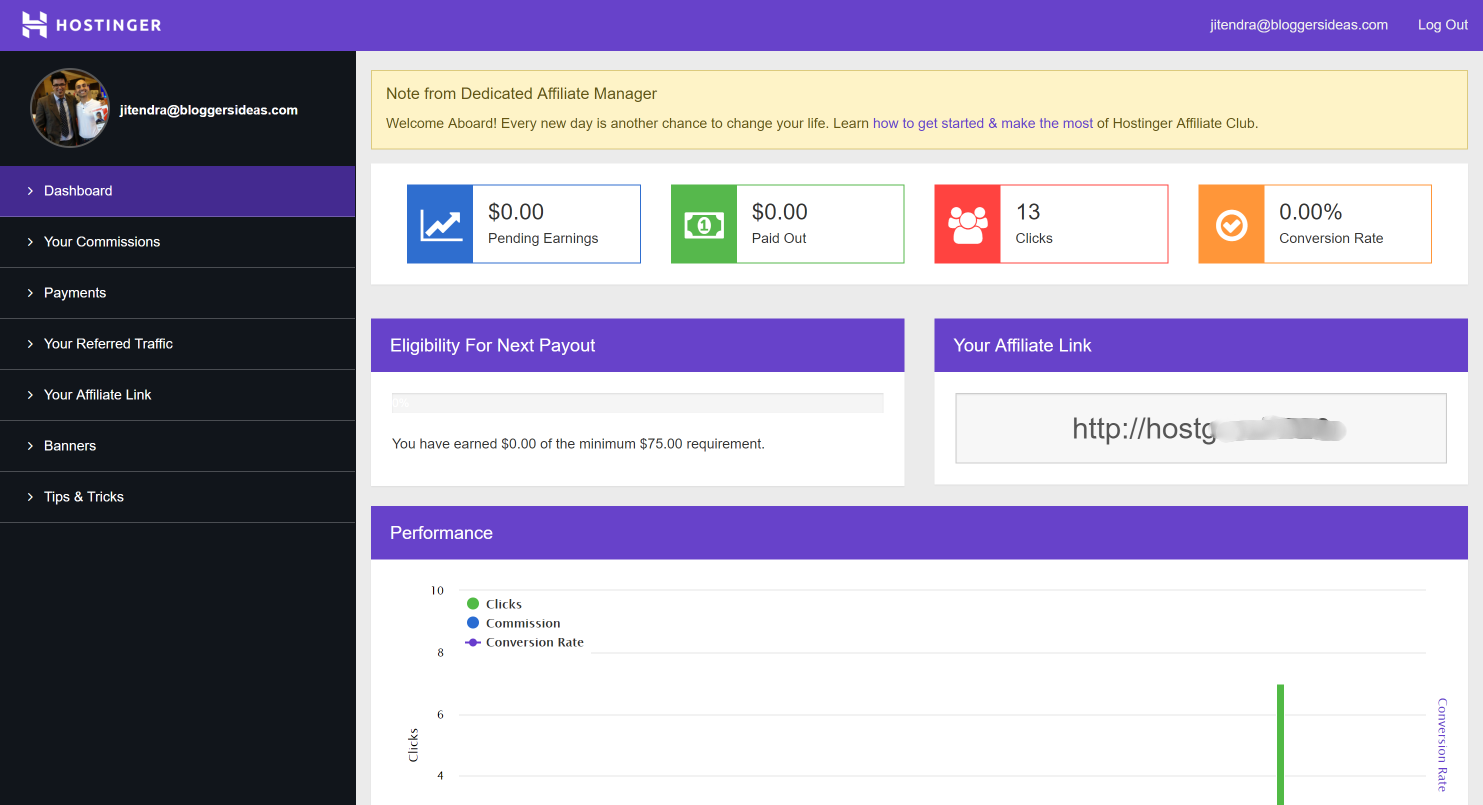 Dashboard del programma Hostinger Referral