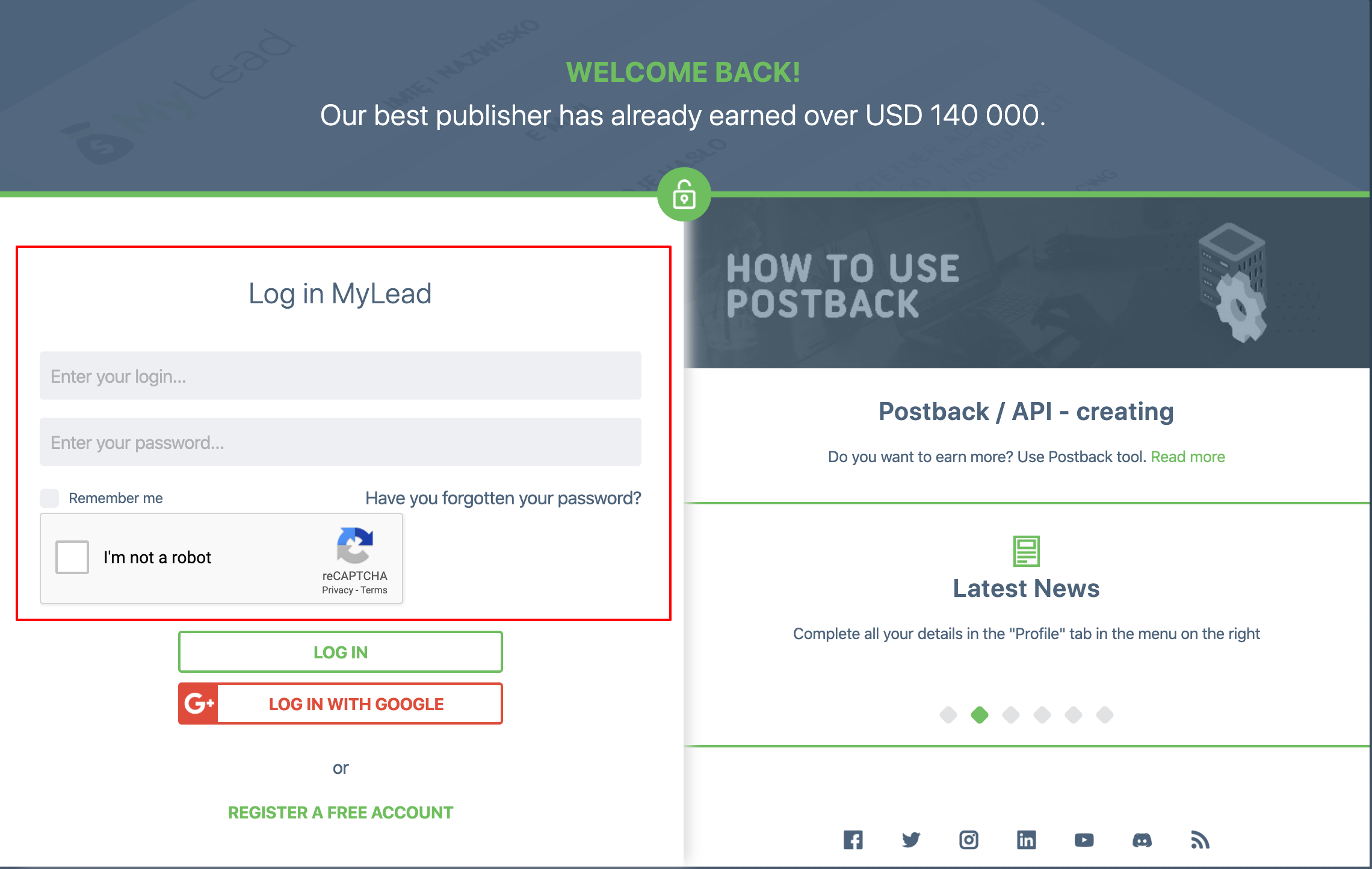 Faça login na rede de afiliados - MyLead