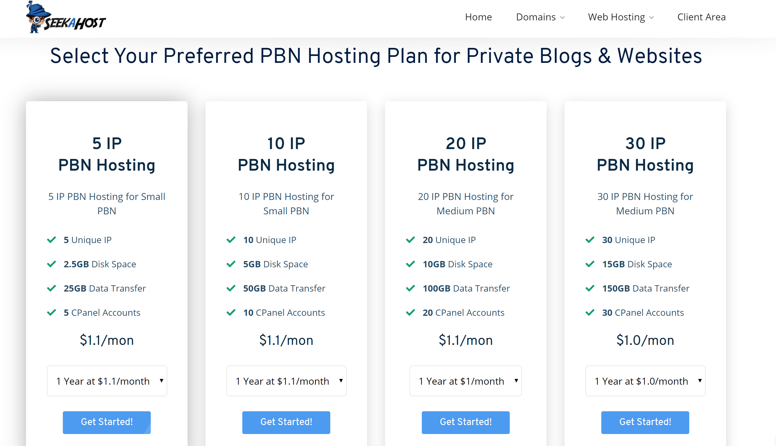 Seekahost PBN hosting pricing plans 