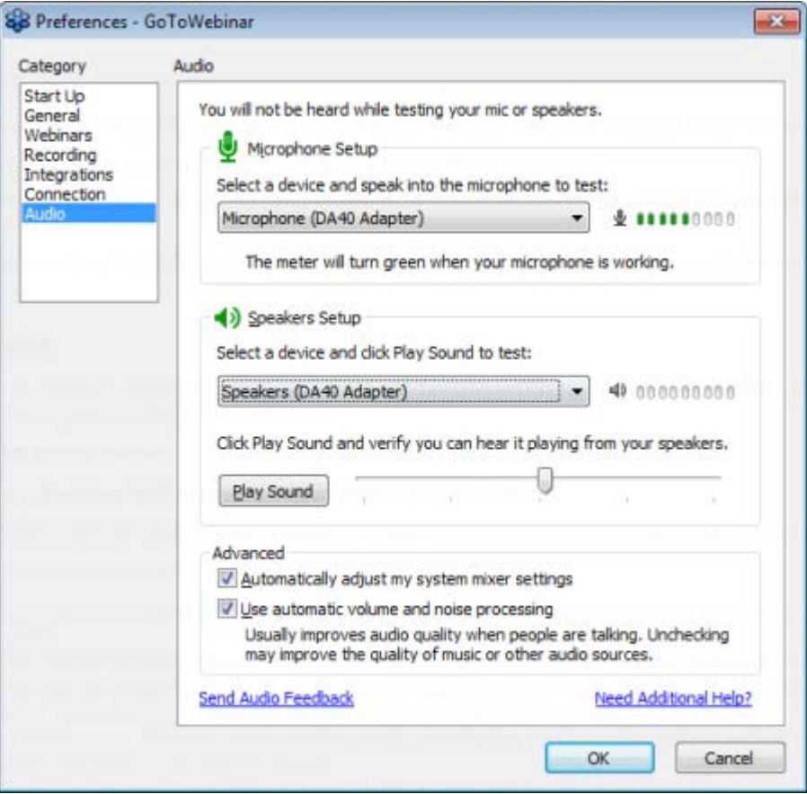 solução de problemas de áudio no gotowebinar