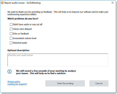 Como relatar problemas de áudio no GOToMeeting