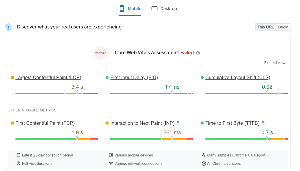 웹사이트 로드 속도에 대한 데이터를 보여주는 Google PageSpeed ​​Insights