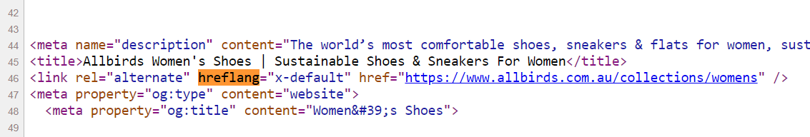 Allbirds - لا يوجد إحالة مرجعية لعلامات hreflang