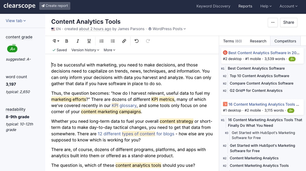 Captură de ecran Clearscope