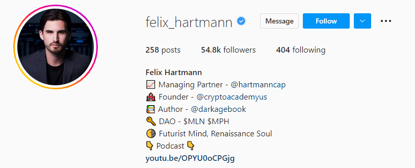 Felix Hartmann Influenciador de criptomonedas en Instagram