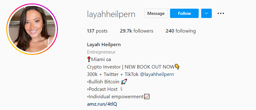 Layah Heilpern Influenciadora de criptomonedas en Instagram