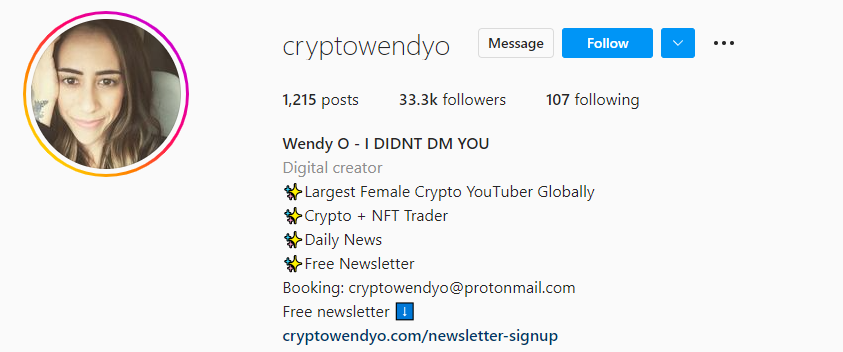 Crypto Wendy O Influenciador de criptomonedas de Instagram