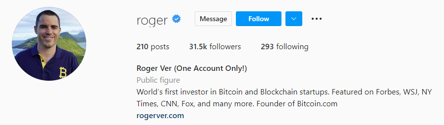 Roger Ver Influenciador de criptomonedas en Instagram